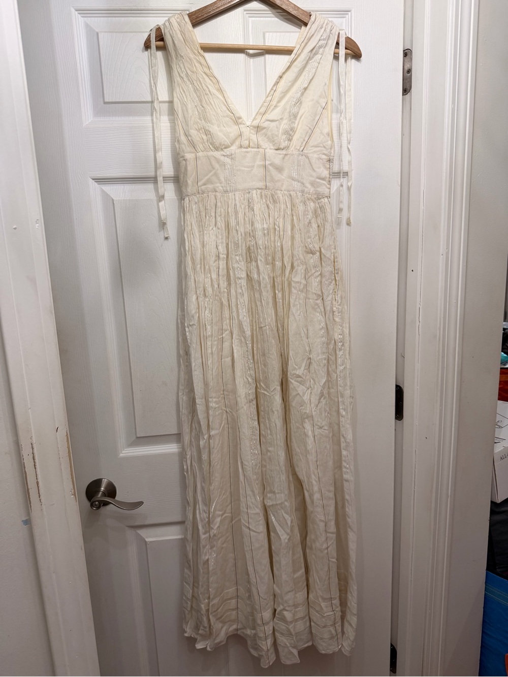 Free People Cream  cotton Maxi boho style Dress with V-Neck and Tie Straps